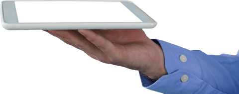 Transparent businessman holding digital tablet in hand close-up