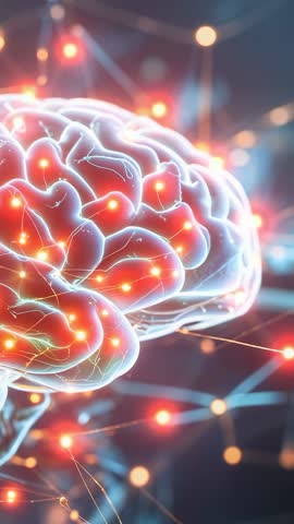 Vertical 3D Brain Network Visualizing Pulsing Neural Connections, Sparks and Data Flow