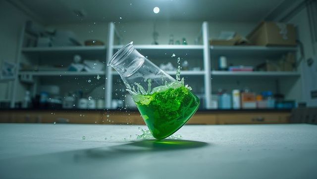 Erlenmeyer flask tipping and spilling neon green liquid splash with suspended droplets on lab bench