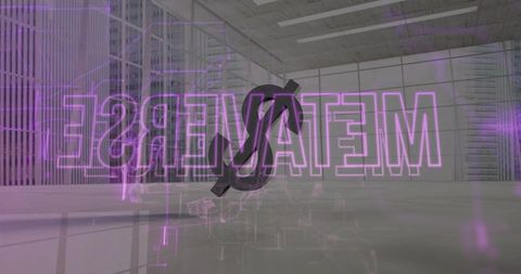 Projecting Metaverse Hologram with Floating 3D Dollar in Futuristic Neon Industrial Hall