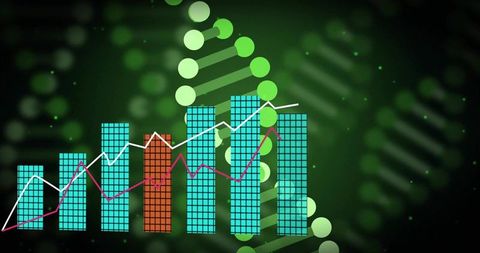 Genomic data visualizing bar chart with dna helix overlay and trend lines
