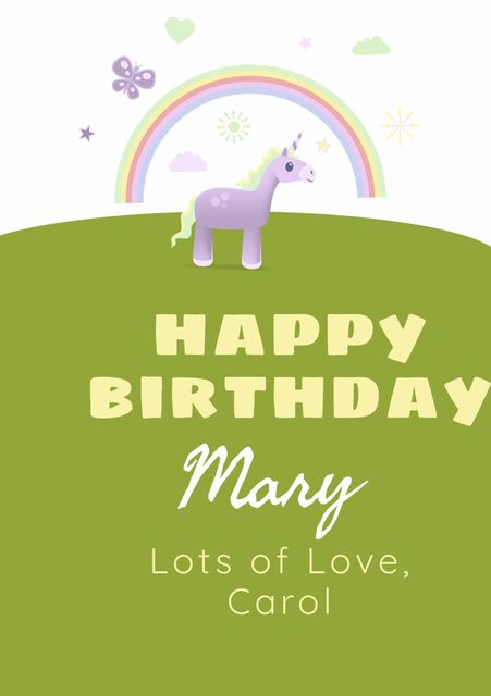Bright and playful unicorn-themed birthday card featuring a pastel rainbow, perfect for children's parties and fantasy-themed events. Suitable for personal messages or party invitations. Fun and cheerful design appeals to young children and adds a touch of magic to celebrations.