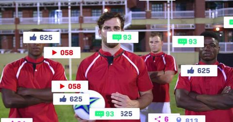 Soccer team captain holding ball with social media engagement overlays on night pitch