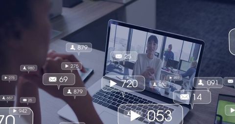 Remote team collaborating via video call with live engagement metrics overlay