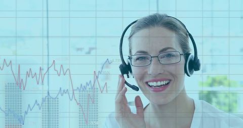 Businesswoman Wearing Headset with Graph Overlay