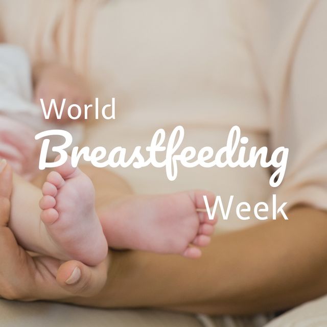 Digital composite image of world breastfeeding week text over mother carrying baby, copy space. family, bonding, togetherness, infant, motherhood, love.