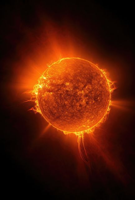 Image showcases a fiery sun with dramatic solar flares emanating from its surface in the blackness of space. This image is perfect for educational materials related to astronomy and astrophysics, science fiction illustrations, space-themed designs, and teaching resources that explain solar phenomena and the sun’s impact on the solar system.