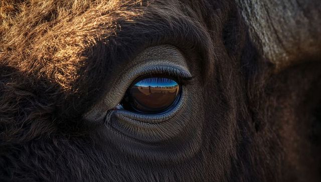 Bison eye reflecting prairie horizon closeup showing lashes, horn and textured fur