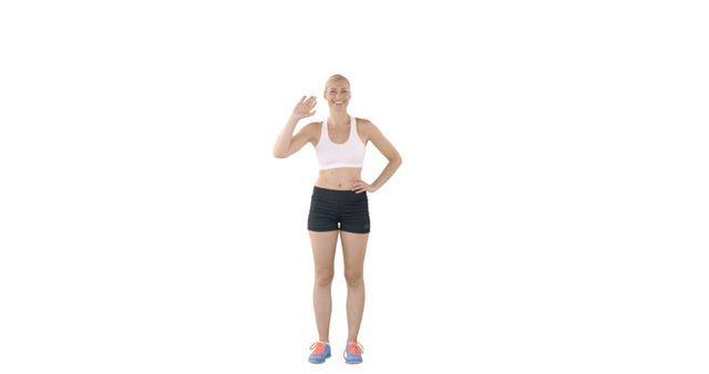 Smiling Woman Waving in Sportswear on White Background - Download Free Stock Images Pikwizard.com