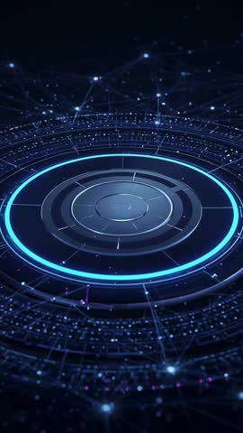 Vertical Tech Interface Activating Neon Ring with Pulsing Data Grid