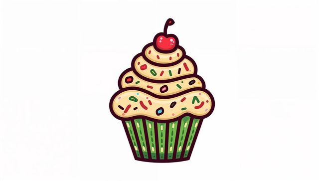 Whimsical cherry-topped cupcake with green liner and colorful sprinkles illustration