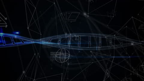 Futuristic DNA Helix with Data Connections on Black Background