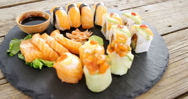Various types of sushi including nigiri, sashimi, and sushi rolls arranged on a black slate plate with a small bowl of soy sauce. Ideal for use in culinary blogs, Japanese cuisine promotions, restaurant menus, food magazines, or cooking classes.