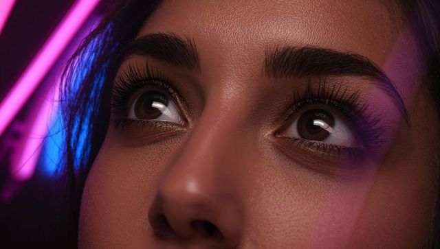 Close-up Woman Gazing Upward with Neon LED Lighting, Gold Eyeshadow and Long Lashes