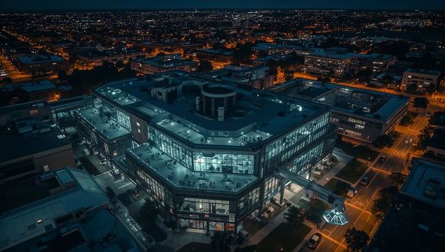 Glowing glass office complex at night with rooftop terraces, pedestrian bridge