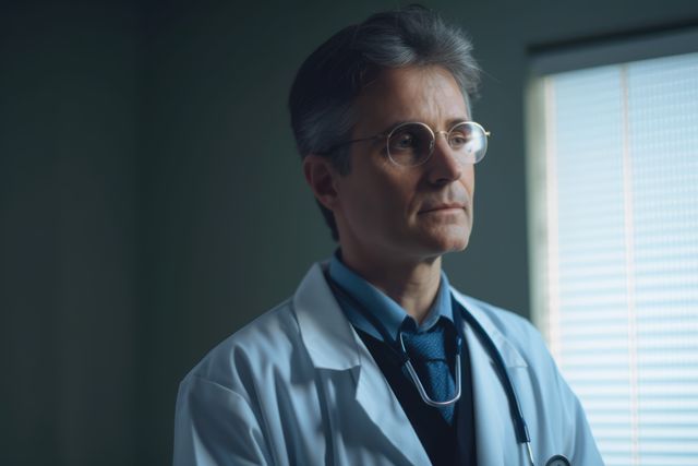 Focused Mature Male Doctor in Lab Coat with Stethoscope Standing Near Window - Download Free Stock Images Pikwizard.com