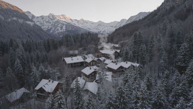 Nestling alpine chalets with smoking chimneys in snowy pine valley at alpenglow