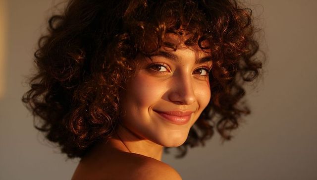 Smiling woman turning over shoulder showing curly hair and glowing skin in golden light