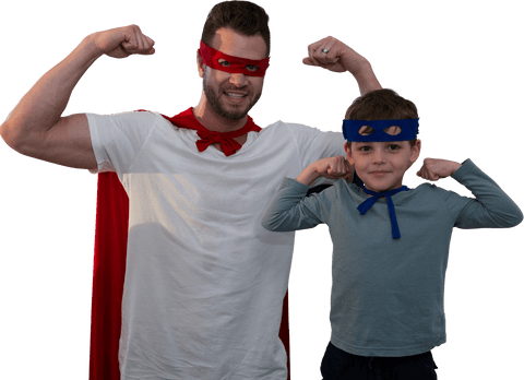 Transparent Father and Son in Superhero Costumes Flexing Muscles