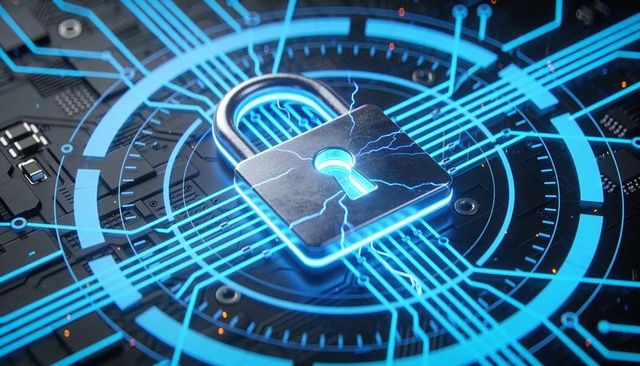 Neon Lock Securing Circuit Board with Electric Keyhole and Blue Holographic Overlay