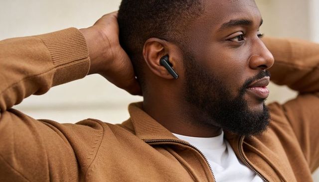 Relaxed man leaning back listening to wireless earbud, trimmed beard, tan zip-up jacket