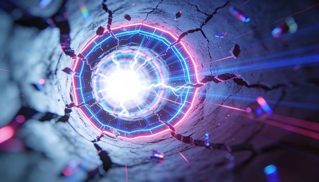 Neon energy vortex pulling debris upward through cracked concrete shaft with neon rings