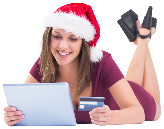 Happy Woman in Santa Hat Shopping Online with Tablet on Transparent Background - Download Free Stock Videos Pikwizard.com