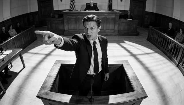 Dramatic courtroom witness pointing accusingly during heated trial in monochrome