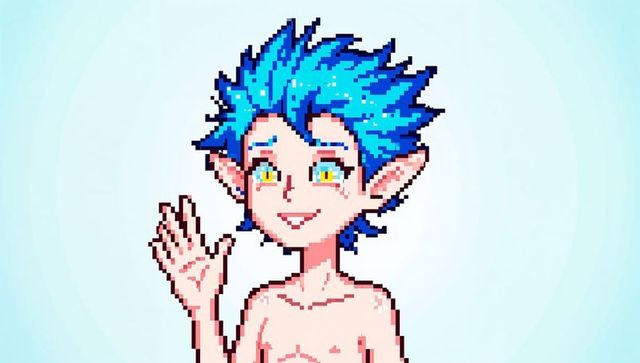 Pixel-art blue-haired elf waving with bright yellow eyes on pale cyan gradient background