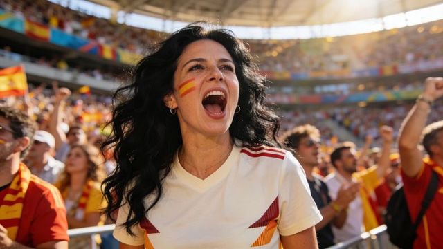 Passionate spanish football fan cheering loudly in stadium with spanish flag face paint and curly ha