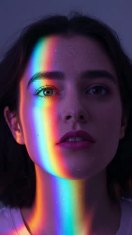 Vertical video: Woman catching rainbow beam across face, blinking through ethereal sparkles