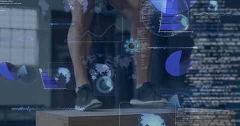 Male athlete performing plyo box jump with digital analytics overlay for fitness tech