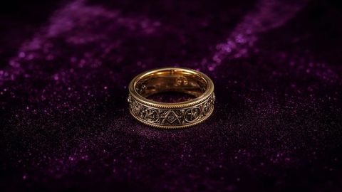 Ornate gold ring shimmering on deep purple glitter