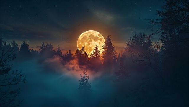 Stunning full moon over enchanted forest with mist and stars