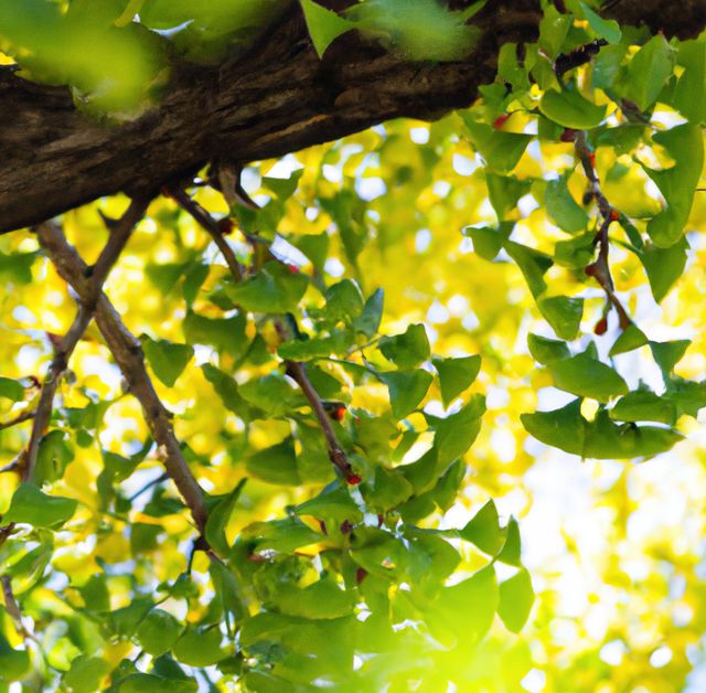 This image features gingko leaves on a tree branch basking in bright sunlight. Suitable for highlighting green spaces, environmental concepts, outdoor activities, and natural beauty themes. Perfect for backgrounds in eco-friendly campaigns or promoting greenery and outdoor wellness.