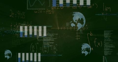 Teaching chalkboard overlay displaying calculus formulas, bar charts and globe icons