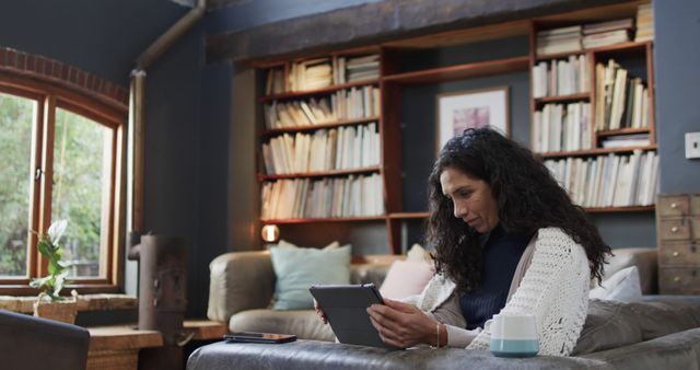 Mature Woman Reading Digital Tablet While Relaxing at Cozy Home Sofa - Download Free Stock Images Pikwizard.com