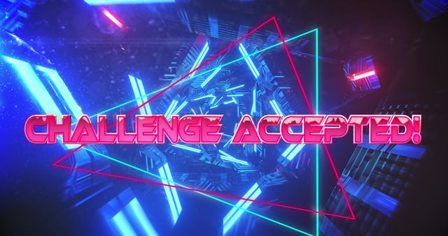 Futuristic neon design with 'Challenge Accepted' text in bold pink font against dynamic geometric background. Ideal for motivational posters, sci-fi games, e-sports promotional material, tech events, gaming tournaments, and digital advertising.