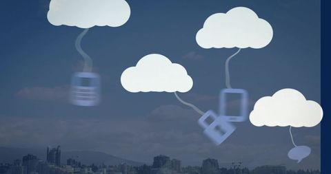 Floating cloud network linking smartphone tablet laptop above city skyline data flow