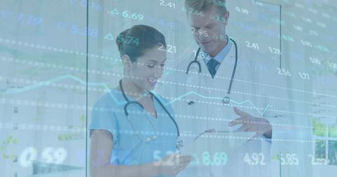 Doctors Discussing Healthcare Financial Data Overlay