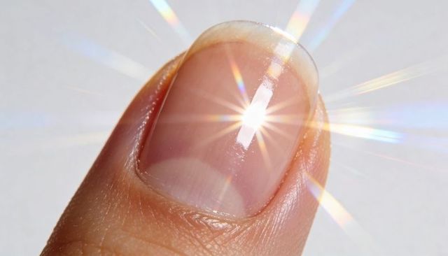 Reflecting glossy fingernail with starburst light diffraction, close-up nail care detail
