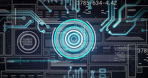 Rotating neon hud with concentric target circuit grid dashboard and futuristic data readouts