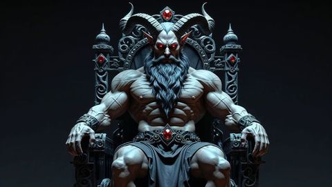 Horned satan on jeweled throne with red gems