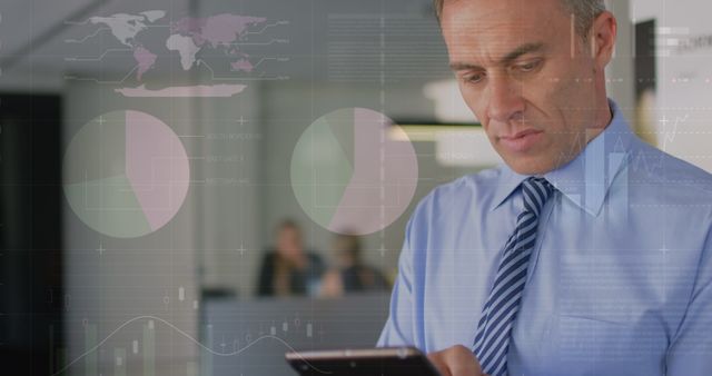 Focused Businessman Analyzing Data on Tablet in Modern Office Environment - Download Free Stock Images Pikwizard.com