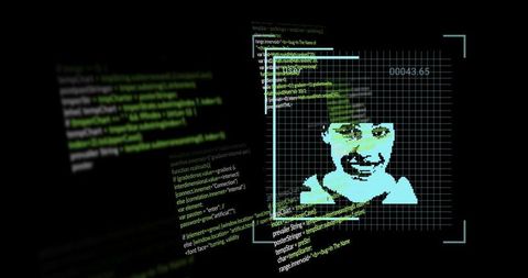 Futuristic cybersecurity concept with pixelated face on digital interface