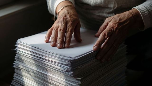 Senior hands smoothing large stack of paperwork on table, close-up of aging hands