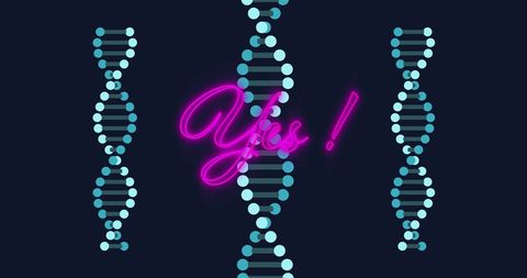 Neon yes text with animated dna structures on dark background