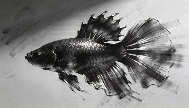 Gliding betta fish ink illustration with flowing fins and textured paper detail