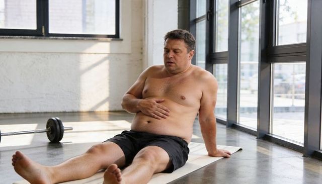 Middle-aged man resting after weight training, holding abdomen on mat in sunlit gym