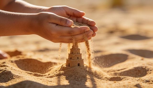 Child pouring sand over small tiered sandcastle on sunlit beach at golden hour